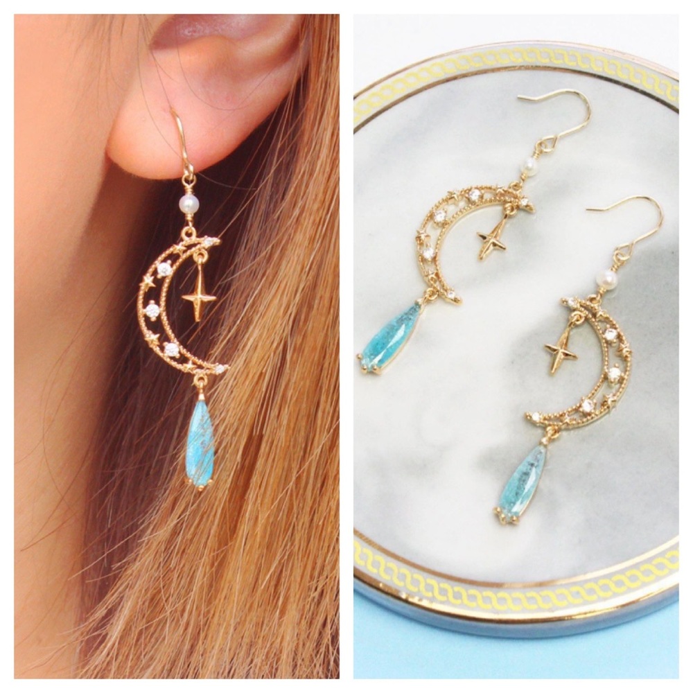 La Meno Gold Moon Celestial Sailor Moon Drop Earrings NWT